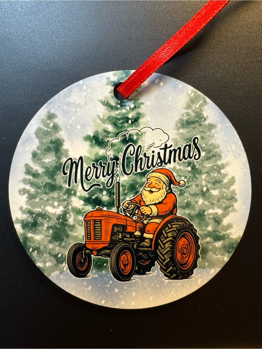 Santa Claus Driving Tractor Round Wooden Christmas Ornament Red And Green New